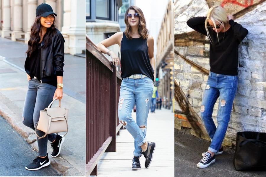 Giày thể thao đen cùng với quần jeans dược ứng dụng cao