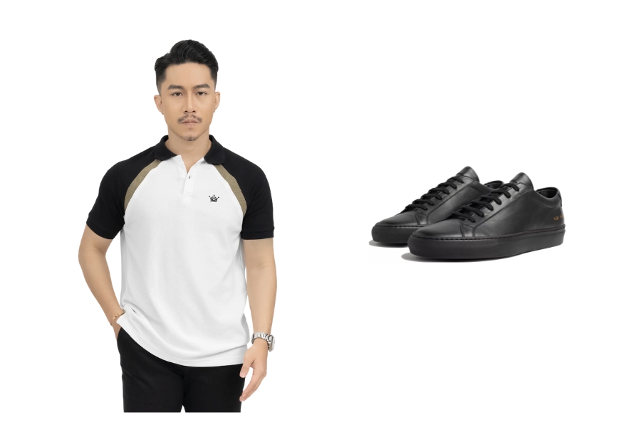 Phối giày thể thao đen cùng với áo polo